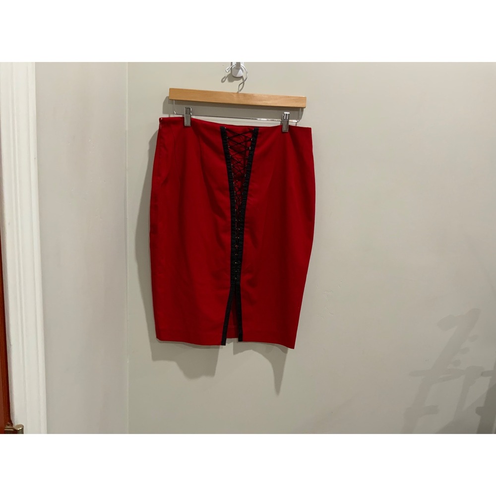 BODY by Victoria Red‎ Pencil Skirt Lace Up Detail Business Casual Size 14